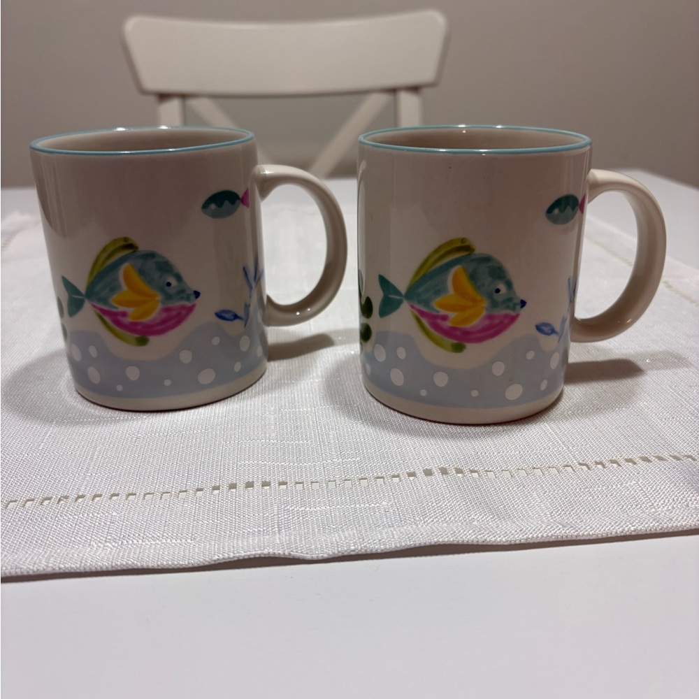 Studio Nova Barrier Reef Ceramic Fish Pattern Mugs - Set of 2, Light Blue Trim